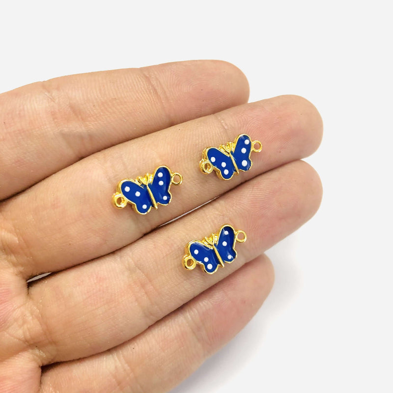 Breloques connecteur papillon émaillé bleu marine plaqué or 24 carats, 3 pièces dans un paquet