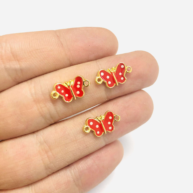 24Kt Gold Plated Red Enamelled Butterfly Connector Charms, 3 pcs in a Pack