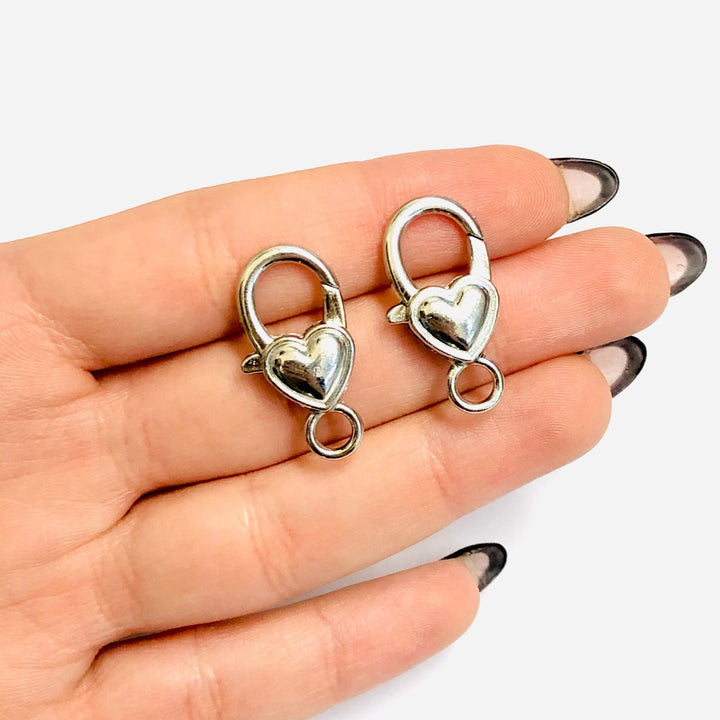 Rhodium Plated Heart Shape Large Lobster Clasps, 2 pcs in a pack