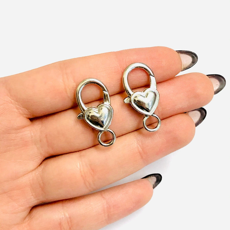 Rhodium Plated Heart Shape Large Lobster Clasps, 2 pcs in a pack