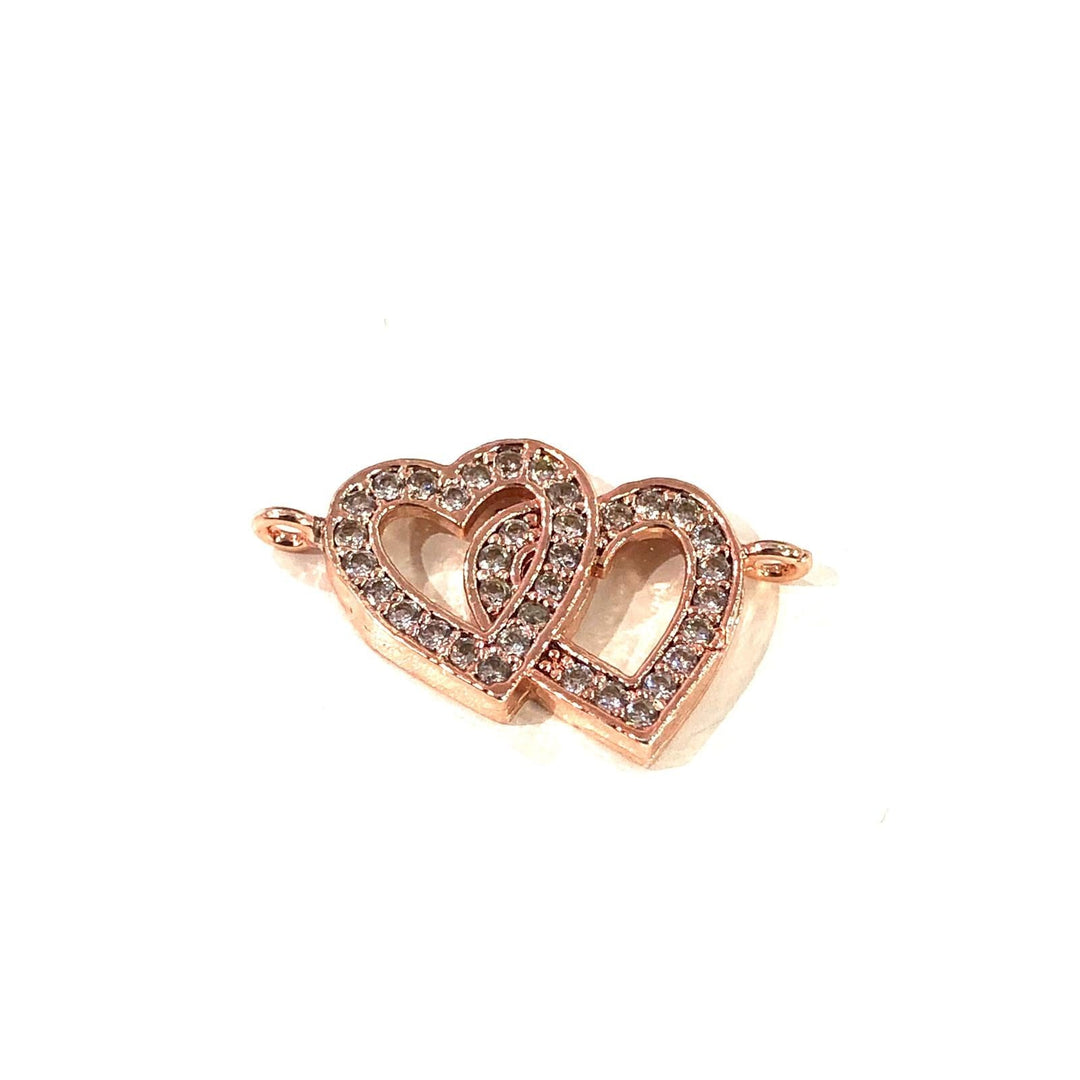 Heart Double Loop Rose Gold Plated Charms, Bracelet Charms, Connector Charms