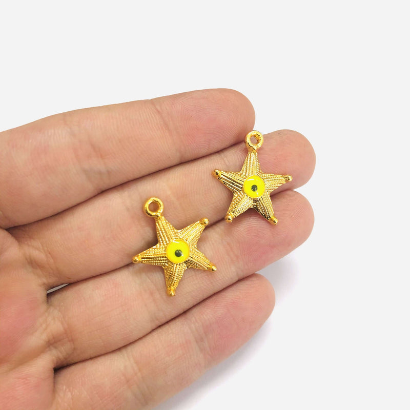 24Kt Gold Plated Starfish Neon Yellow Evil Eye Charms. 2 pcs in a pack