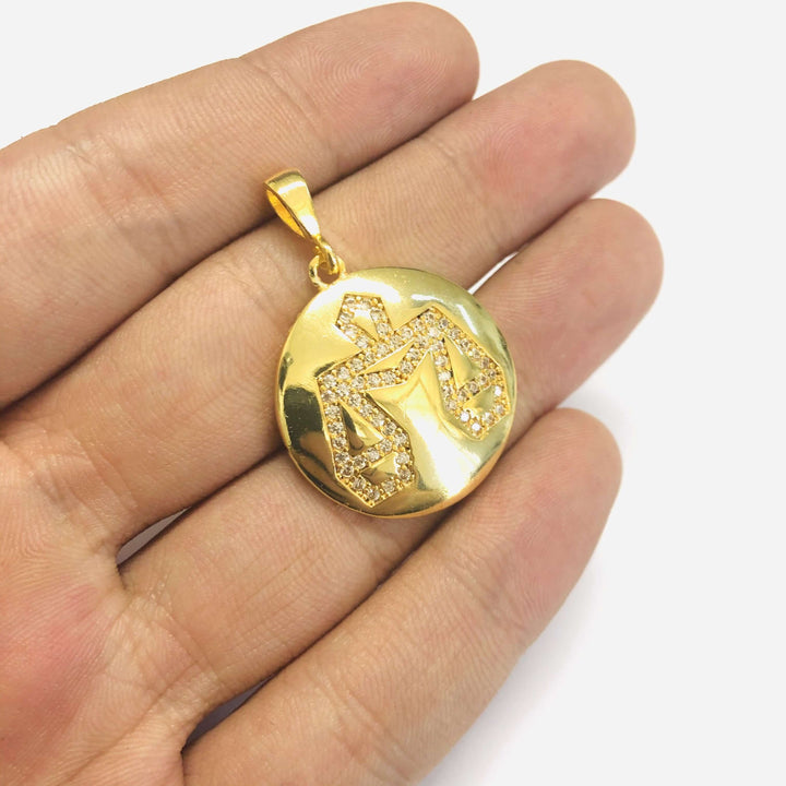 24Kt Gold Plated Brass Zirconia Zodiac Horoscope Sign, Constellation Medallion Pendant, Celestial Astrology Charm for Necklace