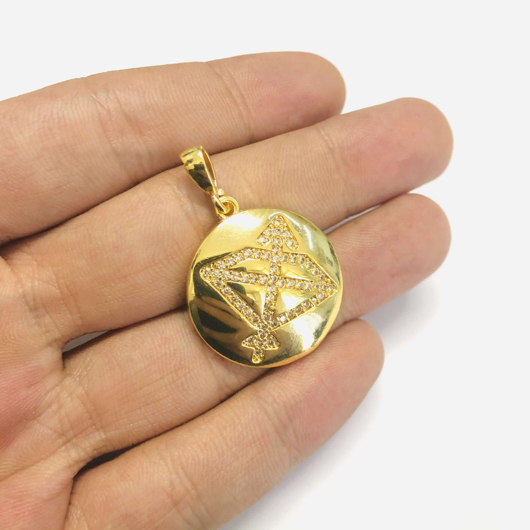 24Kt Gold Plated Brass Zirconia Zodiac Horoscope Sign, Constellation Medallion Pendant, Celestial Astrology Charm for Necklace