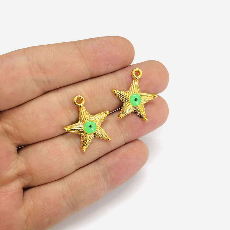 24Kt Gold Plated Starfish Neon Green Evil Eye Charms. 2 pcs in a pack